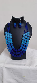 Exclusive 3 layered blue thread beads necklace set with matching earrings