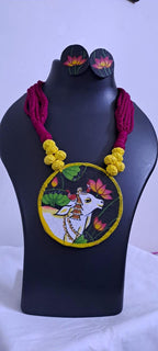 Handpainted fabric jewellery set with matching earrings