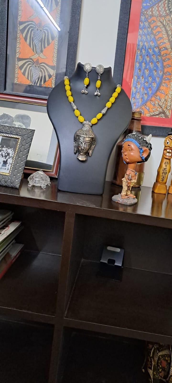 Yellow glass beads necklace with buddha pendant