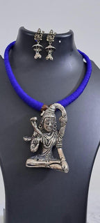 Blue thread necklace with silver oxidised lord shivji pendant