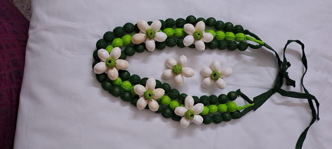 Exclusive multi-layered green fabric necklace with shells n matching earrings