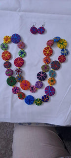 Exclusive multicoloured flat thread beads long necklace set with matching earrings (pink)