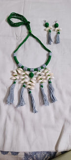 Exclusive green n grey hasuli thread necklace set with shell fringes n matching earrings