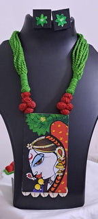 Handpainted fabric jewellery set with matching earrings