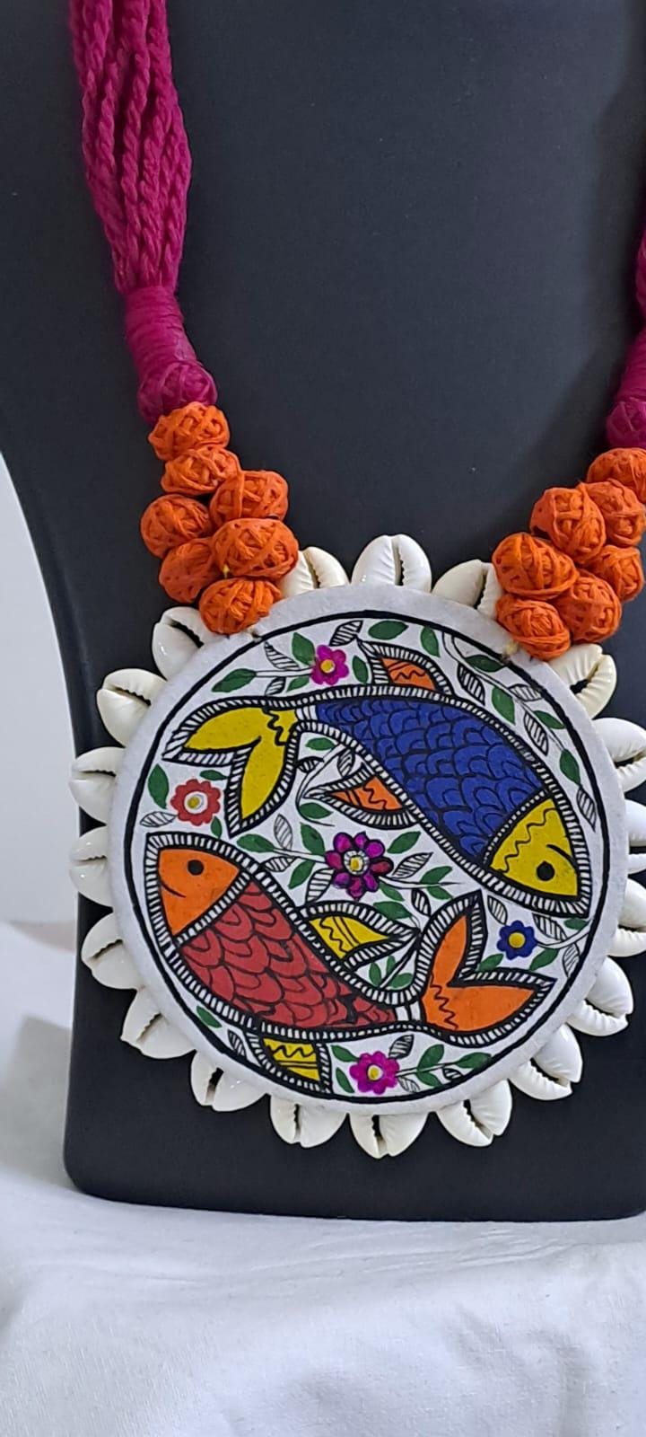 Handpainted fabric jewellery set with matching earrings