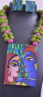 Handpainted fabric jewellery set with matching earrings