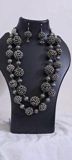 Exclusive silver oxidised long chain set with matching earrings