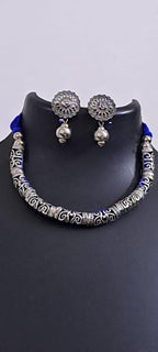 Exclusive silver oxidised hasuli set with matching earrings