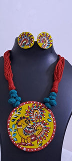 Handpainted fabric necklace set with earrings