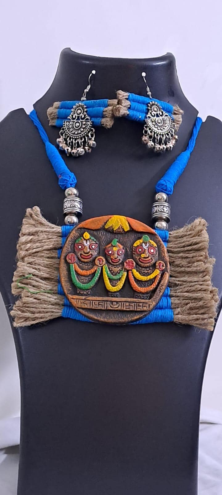 Terracotta Lord Jagannath pendant jute necklace set with matching earrings