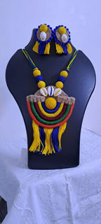 Exclusive multicoloured thread necklace set with jute n thread pendant n matching earrings