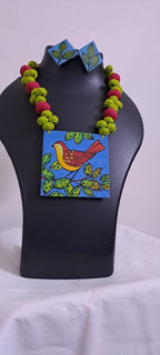 Handpainted fabric jewellery set with matching earrings
