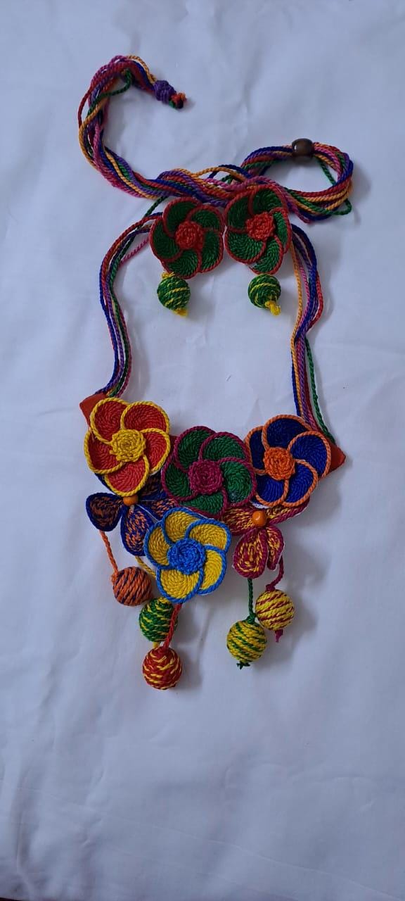 Multi colour flower thread necklace with thread bead fringes and matching earrings
