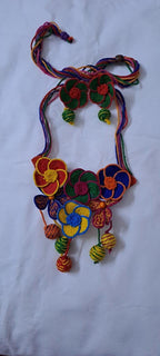 Multi colour flower thread necklace with thread bead fringes and matching earrings