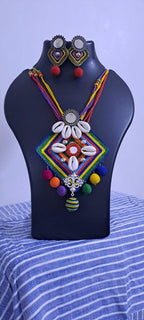 Exclusive multicoloured thread necklace set with shell n thread pendant n matching earrings
