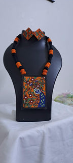 Handpainted fabric jewellery set with matching earrings