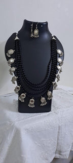 Exclusive multi layered  black glass beads necklace set with silver oxidised charms n matching earrings