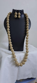 Exclusive beige colour thread beads long necklace set with matching earrings