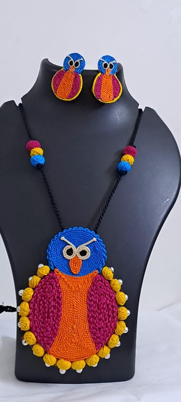 Handmade thread jewellery necklace set with owl pendant and matching earrings