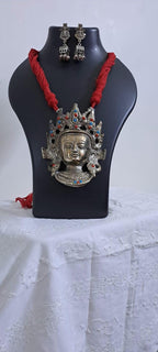 Maroon thread necklace with oxidised silver durga pendant