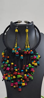 Exclusive black thread neckband with fringes and matching earrings.