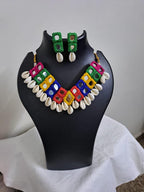 Kutchwork glass necklace set with shell fringes n matching earrings