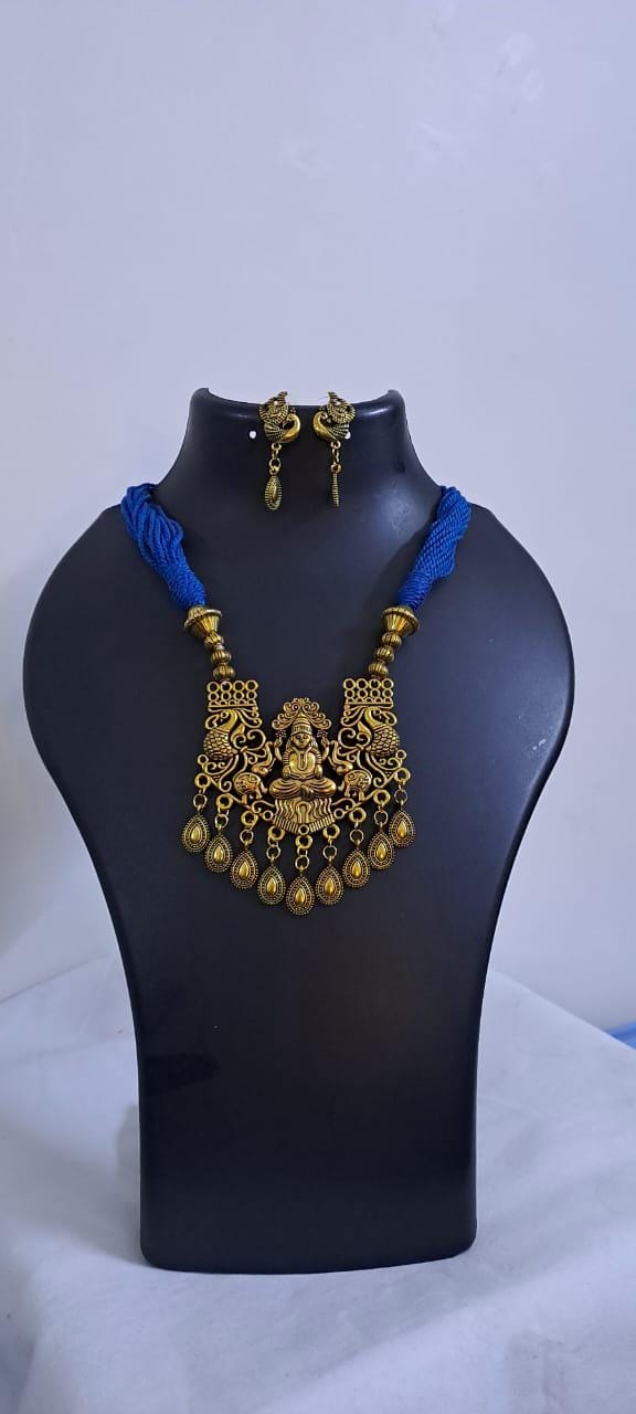 Royal blue thread necklace with Golden oxidised traditional pendant