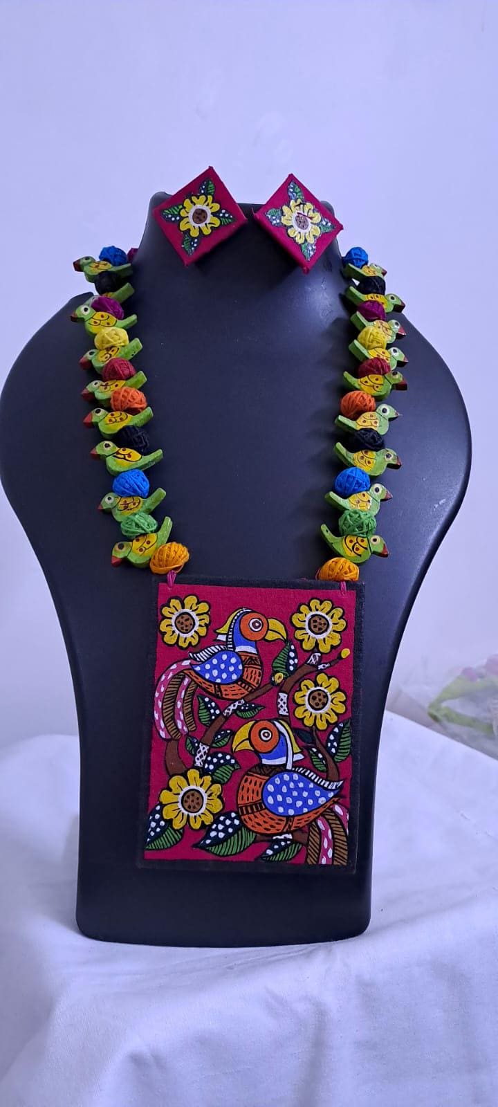 Handpainted fabric necklace set with earrings