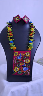 Handpainted fabric necklace set with earrings
