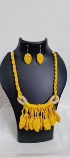 Yellow Crochet thread necklace set with leaf fringes and matching earrings