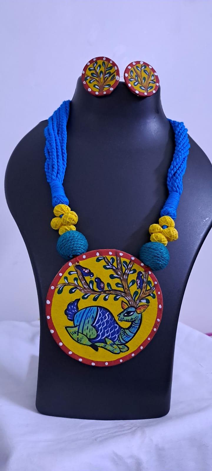 Handpainted fabric necklace set with earrings