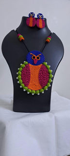 Handmade thread jewellery necklace set with owl pendant and matching earrings