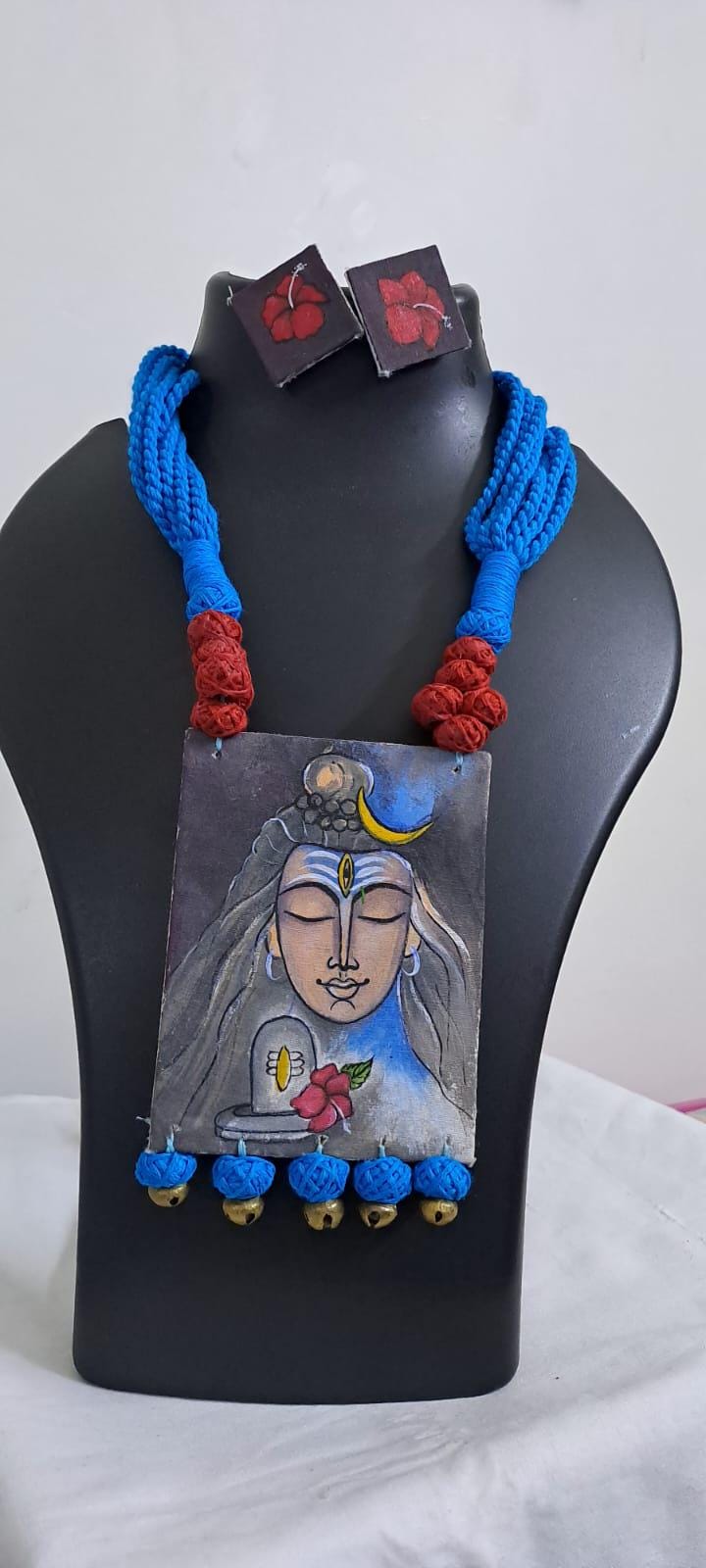 Handpainted fabric jewellery set with matching earrings