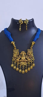 Royal blue thread necklace with Golden oxidised traditional pendant