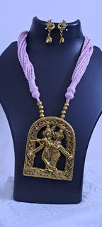 Radha Krishna golden oxidised pendant necklace in pink tread with matching earrings