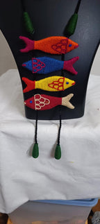 Multi colour crochet thread necklace with fish pendant and matching thread earrings