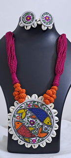 Handpainted fabric jewellery set with matching earrings