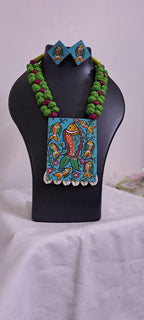 Handpainted fabric necklace set with earrings