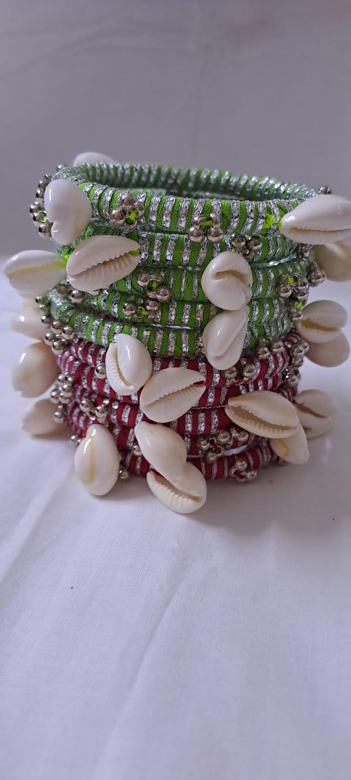Red and green colour traditional zari thread and kori bangles (set of 10 bangles)