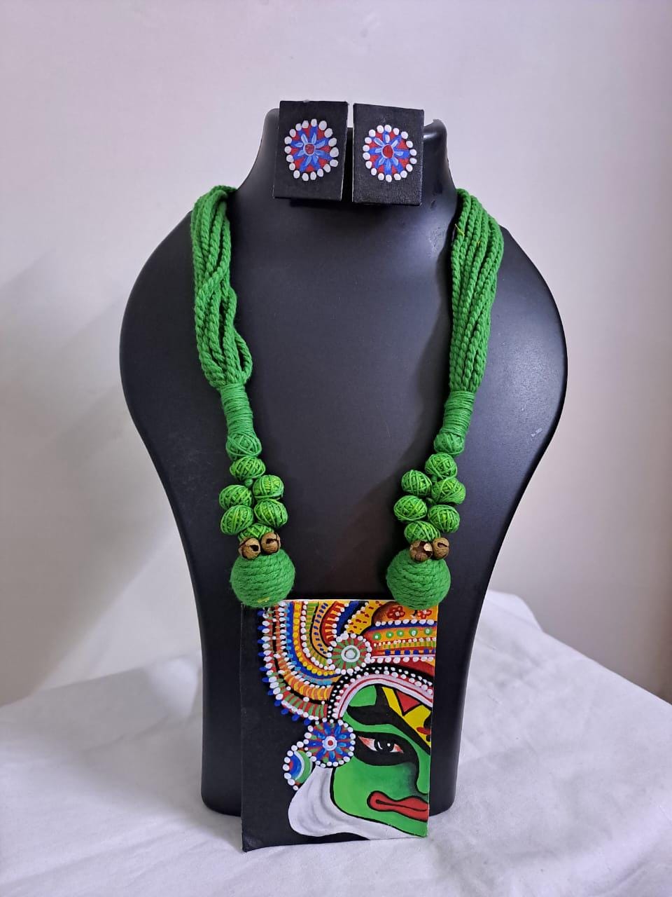 Handpainted fabric jewellery set with matching earrings