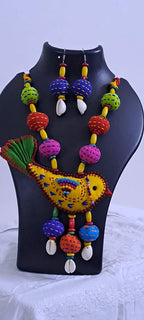 Exclusive fabric necklace with embroidered yellow fabric bird pendant and fabric beads n matching beads