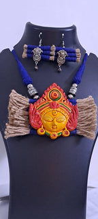 Terracotta Durga pendant jute necklace set with matching earrings