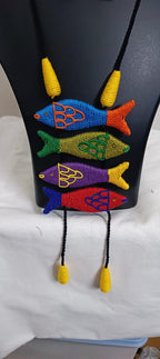 Multi colour crochet thread necklace with fish pendant and matching thread earrings