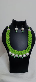 Green  braided thread necklace with pearl n pearl danglers