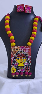 Handpainted fabric jewellery set with matching earrings