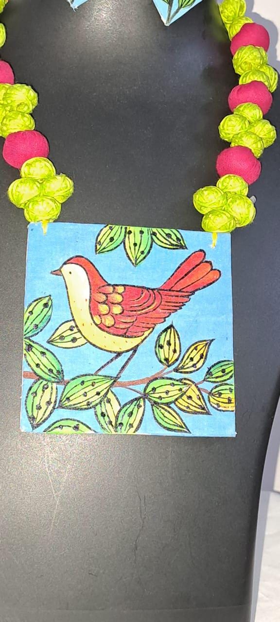 Handpainted fabric jewellery set with matching earrings