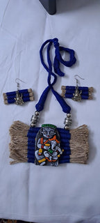 Terracotta Ganesha & Parvati pendant jute necklace set with matching earrings