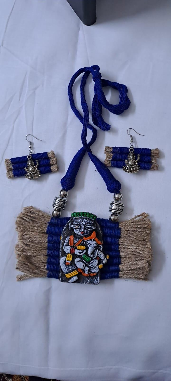 Terracotta Ganesha & Parvati pendant jute necklace set with matching earrings