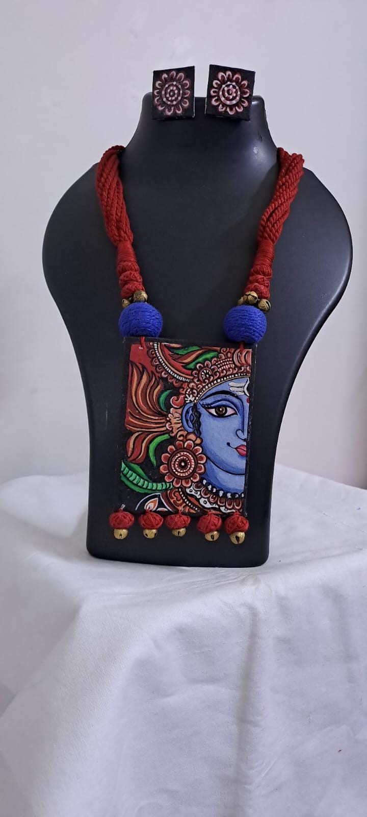 Handpainted fabric jewellery set with matching earrings