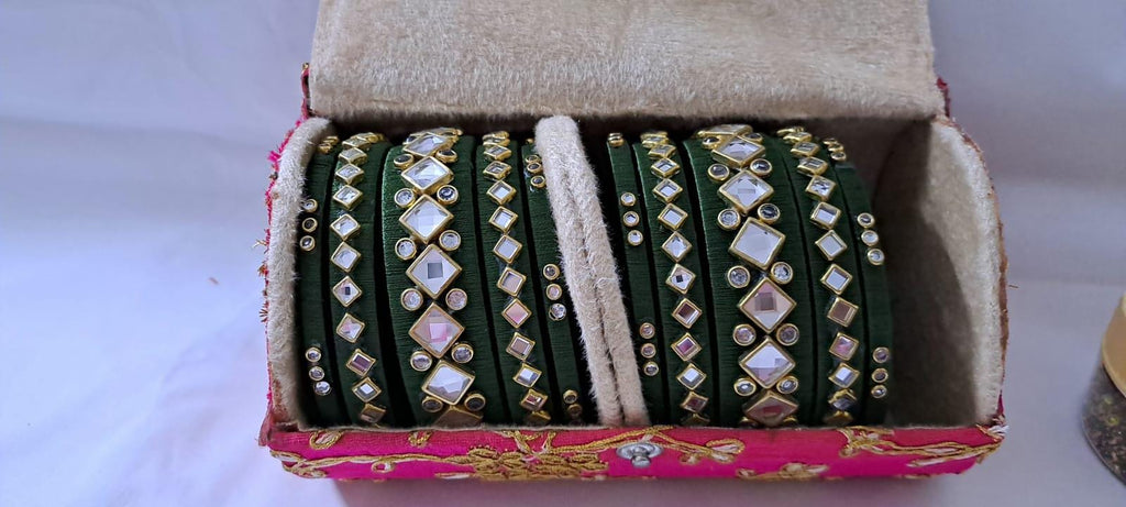Green colour traditional thread kundan bangles with zari bangle box